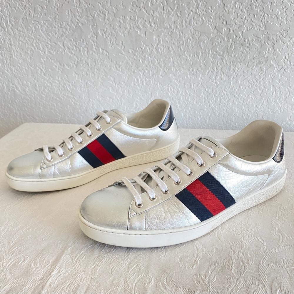 Gucci silver leather Web Sneakers - Picture 3 of 14